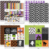 Trick or Treat Collection, 12x12 paper designs cover to 6 preview, showing coordinated Paper & Sticker Kit, full-size Die Cuts, and Sticker Sheet for scrapbook layouts, memory albums, cards, journals, and keepsakes. Buyer theme: Coordinated Cute Halloween Collection. Trick or Treat coordinated scrapbook collection with 12x12 paper, stickers and die-cut Halloween embellishments. Scrapbook collection, paper and sticker supplies, die cut embellishments, and coordinated memory keeping products