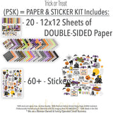 Trick or Treat Paper & Sticker Kit, includes image, showing 12x12 scrapbook paper and coordinating stickers for scrapbook layouts, photo albums, memory keeping, cards, and paper crafts. Buyer theme: Cute Halloween 12x12 Paper & Sticker Kit. 12x12 Trick or Treat Paper & Sticker Kit with 39 cute Halloween paper designs, 4x4 and 4x6 element sheets and a coordinating spooky-cute sticker sheet. Useful for documenting photographs, celebrations, milestones, everyday moments, and favorite memories