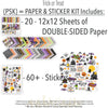 Trick or Treat Paper & Sticker Kit, includes image, showing 12x12 scrapbook paper and coordinating stickers for scrapbook layouts, photo albums, memory keeping, cards, and paper crafts. Buyer theme: Cute Halloween 12x12 Paper & Sticker Kit. 12x12 Trick or Treat Paper & Sticker Kit with 39 cute Halloween paper designs, 4x4 and 4x6 element sheets and a coordinating spooky-cute sticker sheet. Useful for documenting photographs, celebrations, milestones, everyday moments, and favorite memories