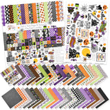 Trick or Treat Paper & Sticker Kit, main product image, showing 12x12 scrapbook paper and coordinating stickers for scrapbook layouts, photo albums, memory keeping, cards, and paper crafts. Buyer theme: Cute Halloween 12x12 Paper & Sticker Kit. 12x12 Trick or Treat Paper & Sticker Kit with 39 cute Halloween paper designs, 4x4 and 4x6 element sheets and a coordinating spooky-cute sticker sheet. Useful for documenting photographs, celebrations, milestones, everyday moments, and favorite memories