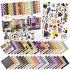 Trick or Treat Paper & Sticker Kit, main product image, showing 12x12 scrapbook paper and coordinating stickers for scrapbook layouts, photo albums, memory keeping, cards, and paper crafts. Buyer theme: Cute Halloween 12x12 Paper & Sticker Kit. 12x12 Trick or Treat Paper & Sticker Kit with 39 cute Halloween paper designs, 4x4 and 4x6 element sheets and a coordinating spooky-cute sticker sheet. Useful for documenting photographs, celebrations, milestones, everyday moments, and favorite memories