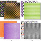 Trick or Treat Bundle, bundle paper patterns 23 through 30 preview, showing complete coordinated paper craft set with 12x12 papers, 6x6 papers, cardstock, die cuts, and stickers for layouts, cards, albums, journals, and keepsakes. Buyer theme: Complete Cute Halloween Scrapbook Bundle. Trick or Treat complete scrapbook bundle with 12x12 paper, 6x6 paper, coordinating cardstock, stickers and die cuts