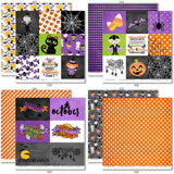 Trick or Treat Bundle, bundle paper patterns 7 through 14 preview, showing complete coordinated paper craft set with 12x12 papers, 6x6 papers, cardstock, die cuts, and stickers for layouts, cards, albums, journals, and keepsakes. Buyer theme: Complete Cute Halloween Scrapbook Bundle. Trick or Treat complete scrapbook bundle with 12x12 paper, 6x6 paper, coordinating cardstock, stickers and die cuts