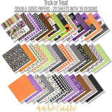 Trick or Treat Bundle, paper and sticker kit spread out image, showing complete coordinated paper craft set with 12x12 papers, 6x6 papers, cardstock, die cuts, and stickers for layouts, cards, albums, journals, and keepsakes. Buyer theme: Complete Cute Halloween Scrapbook Bundle. Trick or Treat complete scrapbook bundle with 12x12 paper, 6x6 paper, coordinating cardstock, stickers and die cuts