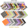 Trick or Treat Collection, paper and sticker kit spread out image, showing coordinated Paper & Sticker Kit, full-size Die Cuts, and Sticker Sheet for scrapbook layouts, memory albums, cards, journals, and keepsakes. Buyer theme: Coordinated Cute Halloween Collection. Trick or Treat coordinated scrapbook collection with 12x12 paper, stickers and die-cut Halloween embellishments. Scrapbook collection, paper and sticker supplies, die cut embellishments, and coordinated memory keeping products