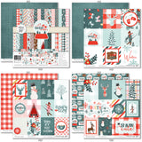 Warm Winter Wishes Paper & Sticker Kit, 12x12 paper designs cover to 6 preview, showing 12x12 scrapbook paper and coordinating stickers for scrapbook layouts, photo albums, memory keeping, cards, and paper crafts. Buyer theme: Winter & Snow Day Scrapbook Paper & Sticker Kit. Warm Winter Wishes Paper & Sticker Kit with winter patterns, snowmen, skiers, snowflakes, cabins, cocoa, deer, journaling cards and coordinating stickers