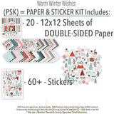 Warm Winter Wishes Paper & Sticker Kit, includes image, showing 12x12 scrapbook paper and coordinating stickers for scrapbook layouts, photo albums, memory keeping, cards, and paper crafts. Buyer theme: Winter & Snow Day Scrapbook Paper & Sticker Kit. Warm Winter Wishes Paper & Sticker Kit with winter patterns, snowmen, skiers, snowflakes, cabins, cocoa, deer, journaling cards and coordinating stickers. Designed for Skiing memory pages, Cold-weather journals, Card making