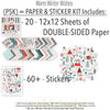 Warm Winter Wishes Paper & Sticker Kit, includes image, showing 12x12 scrapbook paper and coordinating stickers for scrapbook layouts, photo albums, memory keeping, cards, and paper crafts. Buyer theme: Winter & Snow Day Scrapbook Paper & Sticker Kit. Warm Winter Wishes Paper & Sticker Kit with winter patterns, snowmen, skiers, snowflakes, cabins, cocoa, deer, journaling cards and coordinating stickers. Designed for Skiing memory pages, Cold-weather journals, Card making