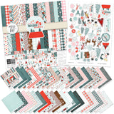 Warm Winter Wishes Paper & Sticker Kit, main product image, showing 12x12 scrapbook paper and coordinating stickers for scrapbook layouts, photo albums, memory keeping, cards, and paper crafts. Buyer theme: Winter & Snow Day Scrapbook Paper & Sticker Kit. Warm Winter Wishes Paper & Sticker Kit with winter patterns, snowmen, skiers, snowflakes, cabins, cocoa, deer, journaling cards and coordinating stickers. Designed for Winter scrapbook layouts, Snow-day photo albums, Skiing memory pages