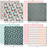 Warm Winter Wishes Paper & Sticker Kit, paper & sticker kit paper patterns 15 through 22 preview, showing 12x12 scrapbook paper and coordinating stickers for scrapbook layouts, photo albums, memory keeping, cards, and paper crafts. Buyer theme: Winter & Snow Day Scrapbook Paper & Sticker Kit. Warm Winter Wishes Paper & Sticker Kit with winter patterns, snowmen, skiers, snowflakes, cabins, cocoa, deer, journaling cards and coordinating stickers