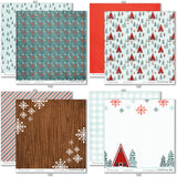 Warm Winter Wishes Paper & Sticker Kit, paper & sticker kit paper patterns 23 through 30 preview, showing 12x12 scrapbook paper and coordinating stickers for scrapbook layouts, photo albums, memory keeping, cards, and paper crafts. Buyer theme: Winter & Snow Day Scrapbook Paper & Sticker Kit. Warm Winter Wishes Paper & Sticker Kit with winter patterns, snowmen, skiers, snowflakes, cabins, cocoa, deer, journaling cards and coordinating stickers