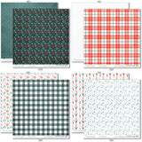 Warm Winter Wishes Paper & Sticker Kit, paper & sticker kit paper patterns 31 through 38 preview, showing 12x12 scrapbook paper and coordinating stickers for scrapbook layouts, photo albums, memory keeping, cards, and paper crafts. Buyer theme: Winter & Snow Day Scrapbook Paper & Sticker Kit. Warm Winter Wishes Paper & Sticker Kit with winter patterns, snowmen, skiers, snowflakes, cabins, cocoa, deer, journaling cards and coordinating stickers
