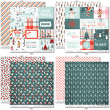 Warm Winter Wishes Paper & Sticker Kit, paper & sticker kit paper patterns 7 through 14 preview, showing 12x12 scrapbook paper and coordinating stickers for scrapbook layouts, photo albums, memory keeping, cards, and paper crafts. Buyer theme: Winter & Snow Day Scrapbook Paper & Sticker Kit. Warm Winter Wishes Paper & Sticker Kit with winter patterns, snowmen, skiers, snowflakes, cabins, cocoa, deer, journaling cards and coordinating stickers
