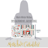 Warm Winter Wishes Paper & Sticker Kit, size guide image, showing 12x12 scrapbook paper and coordinating stickers for scrapbook layouts, photo albums, memory keeping, cards, and paper crafts. Buyer theme: Winter & Snow Day Scrapbook Paper & Sticker Kit. Warm Winter Wishes Paper & Sticker Kit with winter patterns, snowmen, skiers, snowflakes, cabins, cocoa, deer, journaling cards and coordinating stickers. Designed for Cold-weather journals, Card making, Mini albums