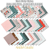 Warm Winter Wishes Paper & Sticker Kit, paper and sticker kit spread out image, showing 12x12 scrapbook paper and coordinating stickers for scrapbook layouts, photo albums, memory keeping, cards, and paper crafts. Buyer theme: Winter & Snow Day Scrapbook Paper & Sticker Kit. Warm Winter Wishes Paper & Sticker Kit with winter patterns, snowmen, skiers, snowflakes, cabins, cocoa, deer, journaling cards and coordinating stickers. Designed for Card making, Mini albums, Junk journals