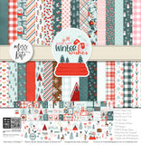 Warm Winter Wishes Paper & Sticker Kit, high resolution cover image, showing 12x12 scrapbook paper and coordinating stickers for scrapbook layouts, photo albums, memory keeping, cards, and paper crafts. Buyer theme: Winter & Snow Day Scrapbook Paper & Sticker Kit. Warm Winter Wishes Paper & Sticker Kit with winter patterns, snowmen, skiers, snowflakes, cabins, cocoa, deer, journaling cards and coordinating stickers. Designed for Snow-day photo albums, Skiing memory pages, Cold-weather journals