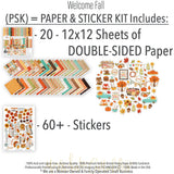 Welcome Fall Paper & Sticker Kit, includes image, showing 12x12 scrapbook paper and coordinating stickers for scrapbook layouts, photo albums, memory keeping, cards, and paper crafts. Buyer theme: Fall 12x12 Scrapbook Paper & Sticker Kit. 12x12 Welcome Fall Paper & Sticker Kit with 39 autumn paper designs, element sheets and a coordinating fall sticker sheet. Color palette includes Pumpkin orange, burnt orange, harvest gold, sunflower yellow, olive green, moss green, teal, aqua, tan and brown