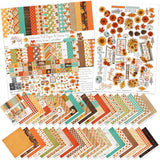 Welcome Fall Paper & Sticker Kit, main product image, showing 12x12 scrapbook paper and coordinating stickers for scrapbook layouts, photo albums, memory keeping, cards, and paper crafts. Buyer theme: Fall 12x12 Scrapbook Paper & Sticker Kit. 12x12 Welcome Fall Paper & Sticker Kit with 39 autumn paper designs, element sheets and a coordinating fall sticker sheet. Scrapbook paper and sticker kit, 12x12 scrapbook supplies, photo album paper, and coordinated memory keeping