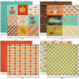 Welcome Fall Bundle, bundle paper patterns 7 through 14 preview, showing complete coordinated paper craft set with 12x12 papers, 6x6 papers, cardstock, die cuts, and stickers for layouts, cards, albums, journals, and keepsakes. Buyer theme: Complete Fall Scrapbook Bundle. Welcome Fall complete scrapbook bundle with 12x12 paper, 6x6 paper, coordinating cardstock, stickers and die cuts