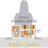 Welcome Fall Paper & Sticker Kit, size guide image, showing 12x12 scrapbook paper and coordinating stickers for scrapbook layouts, photo albums, memory keeping, cards, and paper crafts. Buyer theme: Fall 12x12 Scrapbook Paper & Sticker Kit. 12x12 Welcome Fall Paper & Sticker Kit with 39 autumn paper designs, element sheets and a coordinating fall sticker sheet. Color palette includes Pumpkin orange, burnt orange, harvest gold, sunflower yellow, olive green, moss green, teal, aqua, tan and brown