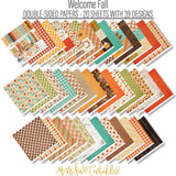 Welcome Fall Collection, paper and sticker kit spread out image, showing coordinated Paper & Sticker Kit, full-size Die Cuts, and Sticker Sheet for scrapbook layouts, memory albums, cards, journals, and keepsakes. Buyer theme: Coordinated Fall Scrapbook Collection. Welcome Fall coordinated scrapbook collection with 12x12 paper, stickers and die-cut autumn embellishments. Scrapbook collection, paper and sticker supplies, die cut embellishments, and coordinated memory keeping products