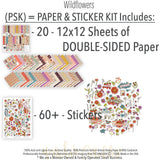 Wildflowers Paper & Sticker Kit, includes image, showing 12x12 scrapbook paper and coordinating stickers for scrapbook layouts, photo albums, memory keeping, cards, and paper crafts. Buyer theme: Garden & Floral Scrapbook Paper & Sticker Kit. Wildflowers Paper & Sticker Kit with meadow flowers, berries, strawberries, birds, butterfly, vintage banners, gingham, dots and botanical patterns in purple, teal, coral, mustard, olive and cream