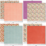 Wildflowers Paper & Sticker Kit, paper & sticker kit paper patterns 15 through 22 preview, showing 12x12 scrapbook paper and coordinating stickers for scrapbook layouts, photo albums, memory keeping, cards, and paper crafts. Buyer theme: Garden & Floral Scrapbook Paper & Sticker Kit. Wildflowers Paper & Sticker Kit with meadow flowers, berries, strawberries, birds, butterfly, vintage banners, gingham, dots and botanical patterns in purple, teal, coral, mustard, olive and cream