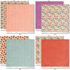 Wildflowers Paper & Sticker Kit, paper & sticker kit paper patterns 15 through 22 preview, showing 12x12 scrapbook paper and coordinating stickers for scrapbook layouts, photo albums, memory keeping, cards, and paper crafts. Buyer theme: Garden & Floral Scrapbook Paper & Sticker Kit. Wildflowers Paper & Sticker Kit with meadow flowers, berries, strawberries, birds, butterfly, vintage banners, gingham, dots and botanical patterns in purple, teal, coral, mustard, olive and cream