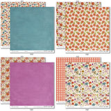 Wildflowers Paper & Sticker Kit, paper & sticker kit paper patterns 23 through 30 preview, showing 12x12 scrapbook paper and coordinating stickers for scrapbook layouts, photo albums, memory keeping, cards, and paper crafts. Buyer theme: Garden & Floral Scrapbook Paper & Sticker Kit. Wildflowers Paper & Sticker Kit with meadow flowers, berries, strawberries, birds, butterfly, vintage banners, gingham, dots and botanical patterns in purple, teal, coral, mustard, olive and cream
