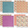 Wildflowers Paper & Sticker Kit, paper & sticker kit paper patterns 23 through 30 preview, showing 12x12 scrapbook paper and coordinating stickers for scrapbook layouts, photo albums, memory keeping, cards, and paper crafts. Buyer theme: Garden & Floral Scrapbook Paper & Sticker Kit. Wildflowers Paper & Sticker Kit with meadow flowers, berries, strawberries, birds, butterfly, vintage banners, gingham, dots and botanical patterns in purple, teal, coral, mustard, olive and cream