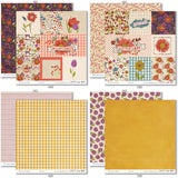 Wildflowers Paper & Sticker Kit, paper & sticker kit paper patterns 7 through 14 preview, showing 12x12 scrapbook paper and coordinating stickers for scrapbook layouts, photo albums, memory keeping, cards, and paper crafts. Buyer theme: Garden & Floral Scrapbook Paper & Sticker Kit. Wildflowers Paper & Sticker Kit with meadow flowers, berries, strawberries, birds, butterfly, vintage banners, gingham, dots and botanical patterns in purple, teal, coral, mustard, olive and cream