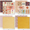 Wildflowers Paper & Sticker Kit, paper & sticker kit paper patterns 7 through 14 preview, showing 12x12 scrapbook paper and coordinating stickers for scrapbook layouts, photo albums, memory keeping, cards, and paper crafts. Buyer theme: Garden & Floral Scrapbook Paper & Sticker Kit. Wildflowers Paper & Sticker Kit with meadow flowers, berries, strawberries, birds, butterfly, vintage banners, gingham, dots and botanical patterns in purple, teal, coral, mustard, olive and cream