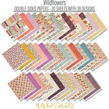 Wildflowers Paper & Sticker Kit, paper and sticker kit spread out image, showing 12x12 scrapbook paper and coordinating stickers for scrapbook layouts, photo albums, memory keeping, cards, and paper crafts. Buyer theme: Garden & Floral Scrapbook Paper & Sticker Kit. Wildflowers Paper & Sticker Kit with meadow flowers, berries, strawberries, birds, butterfly, vintage banners, gingham, dots and botanical patterns in purple, teal, coral, mustard, olive and cream