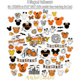 A Magical Halloween Stickers, alternate sticker sheet spread out image, showing coordinating scrapbook stickers for layouts, planners, journals, cards, memory albums, titles, and quick finishing details. Buyer theme: Halloween Stickers for Scrapbooks & Journals. A Magical Halloween 8x12 sticker sheet with more than 60 coordinating pumpkin, ghost, candy corn, mouse-ear, castle and spooky-season stickers