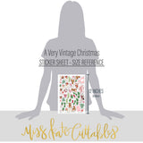 A Very Vintage Christmas Stickers, size guide image, showing coordinating scrapbook stickers for layouts, planners, journals, cards, memory albums, titles, and quick finishing details. Buyer theme: Vintage Christmas Stickers for Scrapbooks & Journals. A Very Vintage Christmas sticker sheet with reduced-scale retro Santa, deer, tree, holly, ornament and vintage holiday phrase stickers. Scrapbook sticker sheet, planner stickers, journal stickers, card making accents, and memory keeping supplies