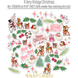 A Very Vintage Christmas Stickers, alternate sticker sheet spread out image, showing coordinating scrapbook stickers for layouts, planners, journals, cards, memory albums, titles, and quick finishing details. Buyer theme: Vintage Christmas Stickers for Scrapbooks & Journals. A Very Vintage Christmas sticker sheet with reduced-scale retro Santa, deer, tree, holly, ornament and vintage holiday phrase stickers
