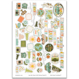 Are We There Yet? Stickers, main product image, showing coordinating scrapbook stickers for layouts, planners, journals, cards, memory albums, labels, titles, and quick finishing details. Buyer theme: Road Trip Stickers for Scrapbooks, Planners & Journals. 8x12 travel sticker sheet with scaled coordinating cars, airplanes, cameras, maps, globes, road signs, flowers, trees, and travel word art. Visible artwork includes retro road trip cars, vintage airplanes, travel cameras, globes and maps
