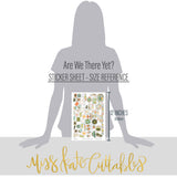 Are We There Yet? Stickers, size guide image, showing coordinating scrapbook stickers for layouts, planners, journals, cards, memory albums, labels, titles, and quick finishing details. Buyer theme: Road Trip Stickers for Scrapbooks, Planners & Journals. 8x12 travel sticker sheet with scaled coordinating cars, airplanes, cameras, maps, globes, road signs, flowers, trees, and travel word art. Visible artwork includes travel cameras, globes and maps, Route 66 road signs, mountains and pine trees