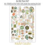 Are We There Yet? Stickers, sticker sheet spread out image, showing coordinating scrapbook stickers for layouts, planners, journals, cards, memory albums, labels, titles, and quick finishing details. Buyer theme: Road Trip Stickers for Scrapbooks, Planners & Journals. 8x12 travel sticker sheet with scaled coordinating cars, airplanes, cameras, maps, globes, road signs, flowers, trees, and travel word art. Coordinating patterns include pin dots, diagonal stripes, star tile