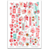 Be My Valentine Stickers, main product image, showing coordinating scrapbook stickers for layouts, planners, journals, cards, memory albums, titles, and quick finishing details. Buyer theme: Valentine Stickers for Scrapbooks & Journals. Be My Valentine Sticker Sheet with scaled hearts, love titles, mailboxes, envelopes, balloons, teddy bears, bees, flowers, gifts and candy accents for scrapbooks, planners and journals