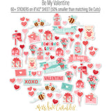 Be My Valentine Stickers, alternate sticker sheet spread out image, showing coordinating scrapbook stickers for layouts, planners, journals, cards, memory albums, titles, and quick finishing details. Buyer theme: Valentine Stickers for Scrapbooks & Journals. Be My Valentine Sticker Sheet with scaled hearts, love titles, mailboxes, envelopes, balloons, teddy bears, bees, flowers, gifts and candy accents for scrapbooks, planners and journals