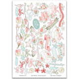 Best Wishes Stickers, main product image, showing coordinating scrapbook stickers for layouts, planners, journals, cards, memory albums, titles, and quick finishing details. Buyer theme: Floral Friendship Stickers for Scrapbooks & Journals. coordinating floral and sentiment sticker sheet. Visible artwork includes watercolor roses, ribbon bows, wildflowers, leafy sprigs. Coordinating patterns include gingham, plaid, polka dots. Color palette includes Powder Aqua, Seafoam, Soft Teal