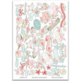 Best Wishes Stickers, main product image, showing coordinating scrapbook stickers for layouts, planners, journals, cards, memory albums, titles, and quick finishing details. Buyer theme: Floral Friendship Stickers for Scrapbooks & Journals. coordinating floral and sentiment sticker sheet. Visible artwork includes ribbon bows, wildflowers, leafy sprigs, floral banners. Coordinating patterns include plaid, polka dots, floral toss. Color palette includes Seafoam, Soft Teal, Vintage Cream
