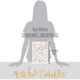 Best Wishes Stickers, size guide image, showing coordinating scrapbook stickers for layouts, planners, journals, cards, memory albums, titles, and quick finishing details. Buyer theme: Floral Friendship Stickers for Scrapbooks & Journals. coordinating floral and sentiment sticker sheet. Visible artwork includes wildflowers, leafy sprigs, floral banners, sentiment labels. Coordinating patterns include polka dots, floral toss, botanical print