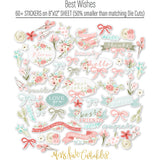 Best Wishes Stickers, alternate sticker sheet spread out image, showing coordinating scrapbook stickers for layouts, planners, journals, cards, memory albums, titles, and quick finishing details. Buyer theme: Floral Friendship Stickers for Scrapbooks & Journals. coordinating floral and sentiment sticker sheet. Visible artwork includes leafy sprigs, floral banners, sentiment labels, watercolor roses. Coordinating patterns include floral toss, botanical print, diamond lattice