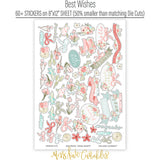 Best Wishes Stickers, sticker sheet spread out image, showing coordinating scrapbook stickers for layouts, planners, journals, cards, memory albums, titles, and quick finishing details. Buyer theme: Floral Friendship Stickers for Scrapbooks & Journals. coordinating floral and sentiment sticker sheet. Visible artwork includes floral banners, sentiment labels, watercolor roses, ribbon bows. Coordinating patterns include botanical print, diamond lattice, gingham
