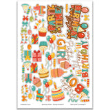 Birthday Bash Stickers, main product image, showing coordinating scrapbook stickers for layouts, planners, journals, cards, memory albums, titles, and quick finishing details. Buyer theme: Birthday Scrapbook Stickers & Planner Accents. Birthday Bash Sticker Sheet with scaled birthday artwork for scrapbook pages, planners, journals, cards and quick celebration accents. Visible artwork includes Birthday cakes and cupcakes, Wrapped gifts and bows, Birthday candles, Party hats and pinata