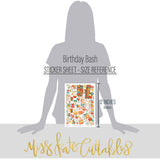 Birthday Bash Stickers, size guide image, showing coordinating scrapbook stickers for layouts, planners, journals, cards, memory albums, titles, and quick finishing details. Buyer theme: Birthday Scrapbook Stickers & Planner Accents. Birthday Bash Sticker Sheet with scaled birthday artwork for scrapbook pages, planners, journals, cards and quick celebration accents. Visible artwork includes Wrapped gifts and bows, Birthday candles, Party hats and pinata, Pennant banners