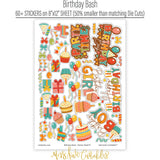 Birthday Bash Stickers, sticker sheet spread out image, showing coordinating scrapbook stickers for layouts, planners, journals, cards, memory albums, titles, and quick finishing details. Buyer theme: Birthday Scrapbook Stickers & Planner Accents. Birthday Bash Sticker Sheet with scaled birthday artwork for scrapbook pages, planners, journals, cards and quick celebration accents. Coordinating patterns include Balloon toss patterns, Cake and cupcake toss, Candle rows