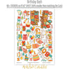 Birthday Bash Stickers, sticker sheet spread out image, showing coordinating scrapbook stickers for layouts, planners, journals, cards, memory albums, titles, and quick finishing details. Buyer theme: Birthday Scrapbook Stickers & Planner Accents. Birthday Bash Sticker Sheet with scaled birthday artwork for scrapbook pages, planners, journals, cards and quick celebration accents. Coordinating patterns include Balloon toss patterns, Cake and cupcake toss, Candle rows